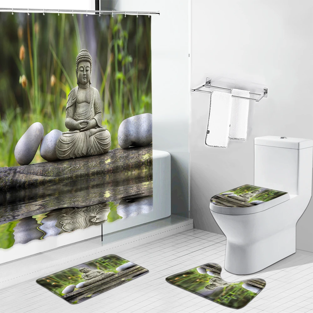 

Water Buddha Zen Stone Bathroom Shower Curtains Set Lotus Flower Bamboo Scenery Print Non-Slip Rugs Toilet Lid Cover Mat Carpet
