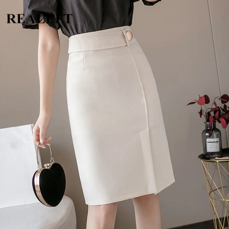 Женская Офисная Юбка-миди REALEFT летняя облегающая юбка-футляр с разрезом спереди и