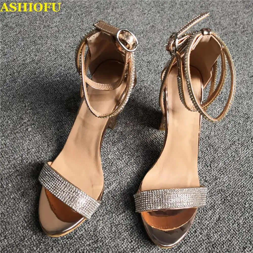 

ASHIOFU Handmade Ladies Chunky Heel Sandals Rhinstones Party Prom Summer Shoes Sexy Real-photos Fashion Evening Sandals Shoes