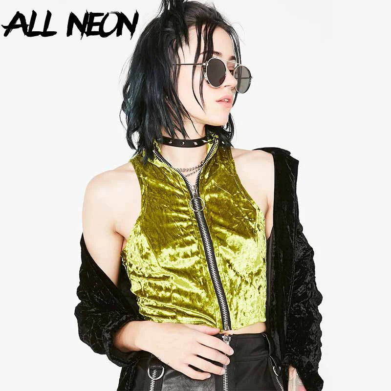 

ALLNeon E Girl Style Cropped Tops Glitter Zipper Front O-neck Fitness Tanks Tops Fashion Rave Festival Clothes Streetwear Mujer