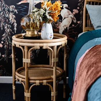 Hand-made round rattan mirrored coffee table for bedroom