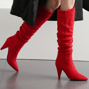 Women Knee High Boots Flock Pointed Toe Spike Heels Slip On High Heels Female Long Boots Red Black Brown Size 34-43 BT17 
Women Knee High Boots Flock Pointed Toe Spike Heels Slip On High Heels Female Long Boots Red Black Brown Size 34-43 BT17