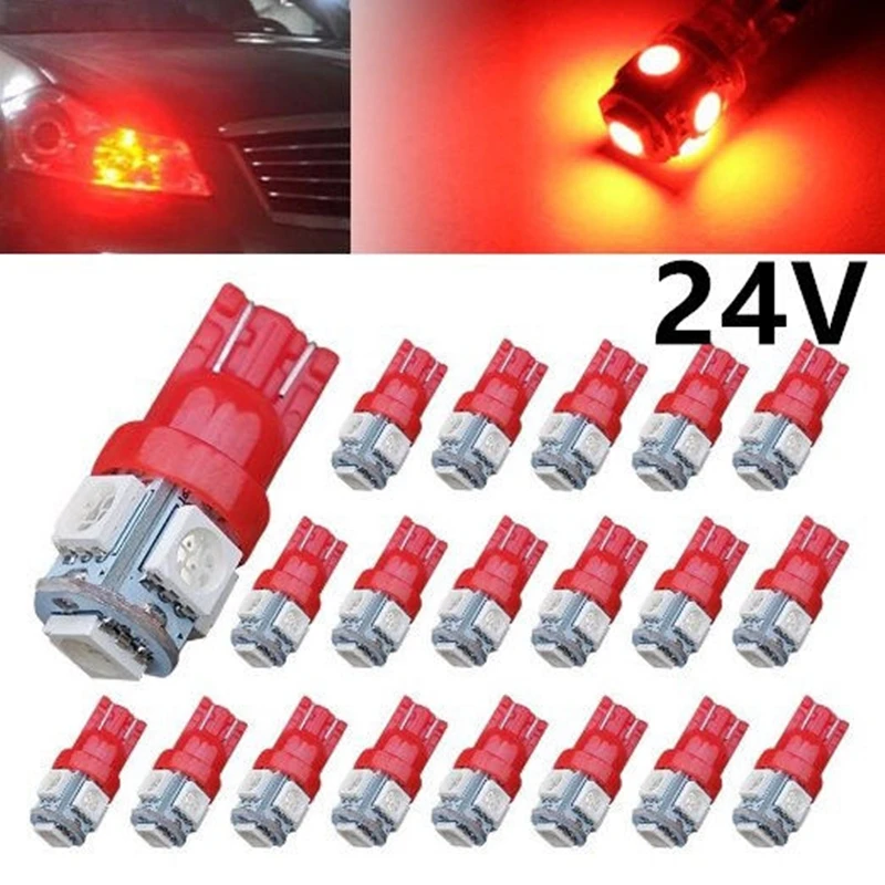 

20Pcs Red T10 W5W 5050 5SMD 168 194 192 DC 24V License Plate Led Bulbs For Car Interior Lights Reading Light Trunk Light Bulb