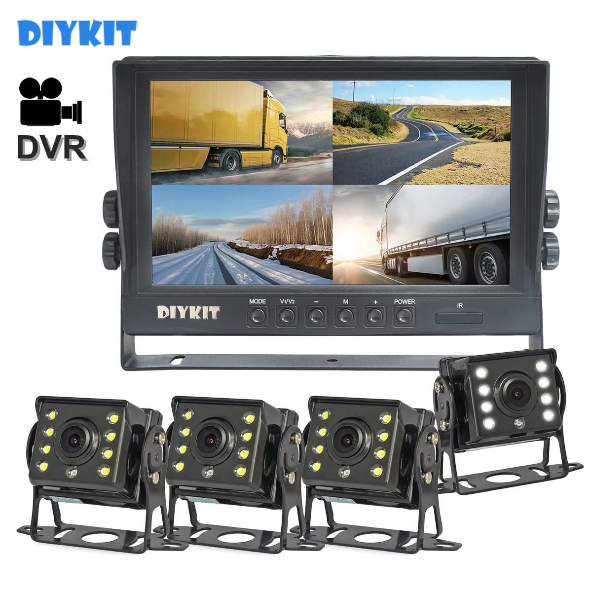 

DIYKIT 9inch 4CH AHD IPS Recorder DVR Car Monitor Vehicle Truck Night Vision Rear View Camera Support SD Card Recording