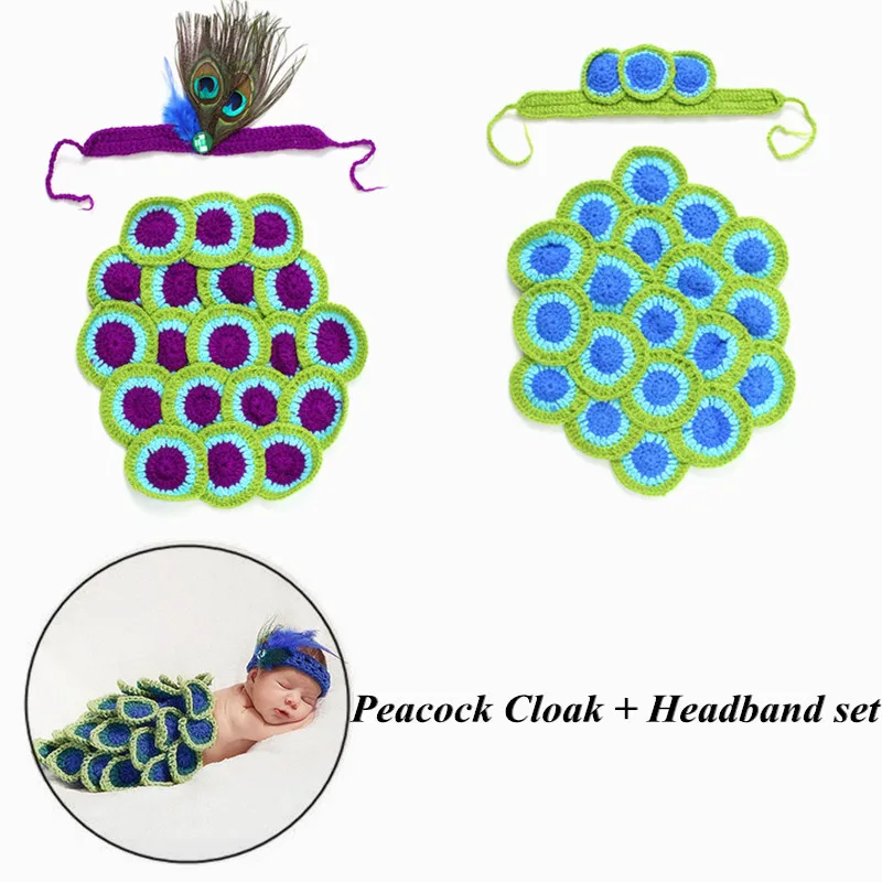 Фото 2pcs/Set Newborn Peacock Crochet Knit Costume Photography Props Soft Handmade Clothing Sets Headband Infant Diaper Cover | Мать и ребенок