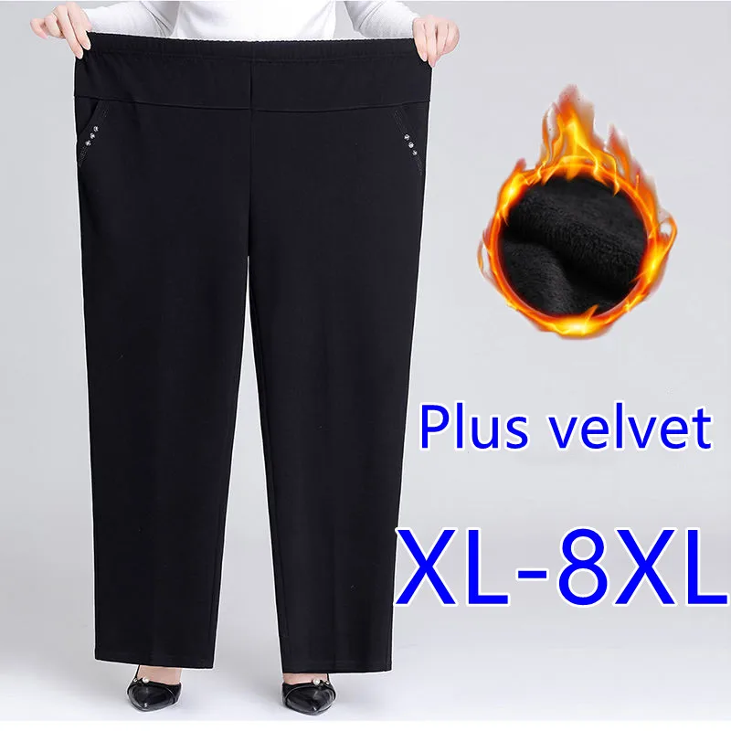 

Plus Size 5XL 6XL 7XL 8XL Women Pants Winter New Solid Elastic Waist Casual Middle-Aged Pants Loose Straight Pantalon Pour Femme