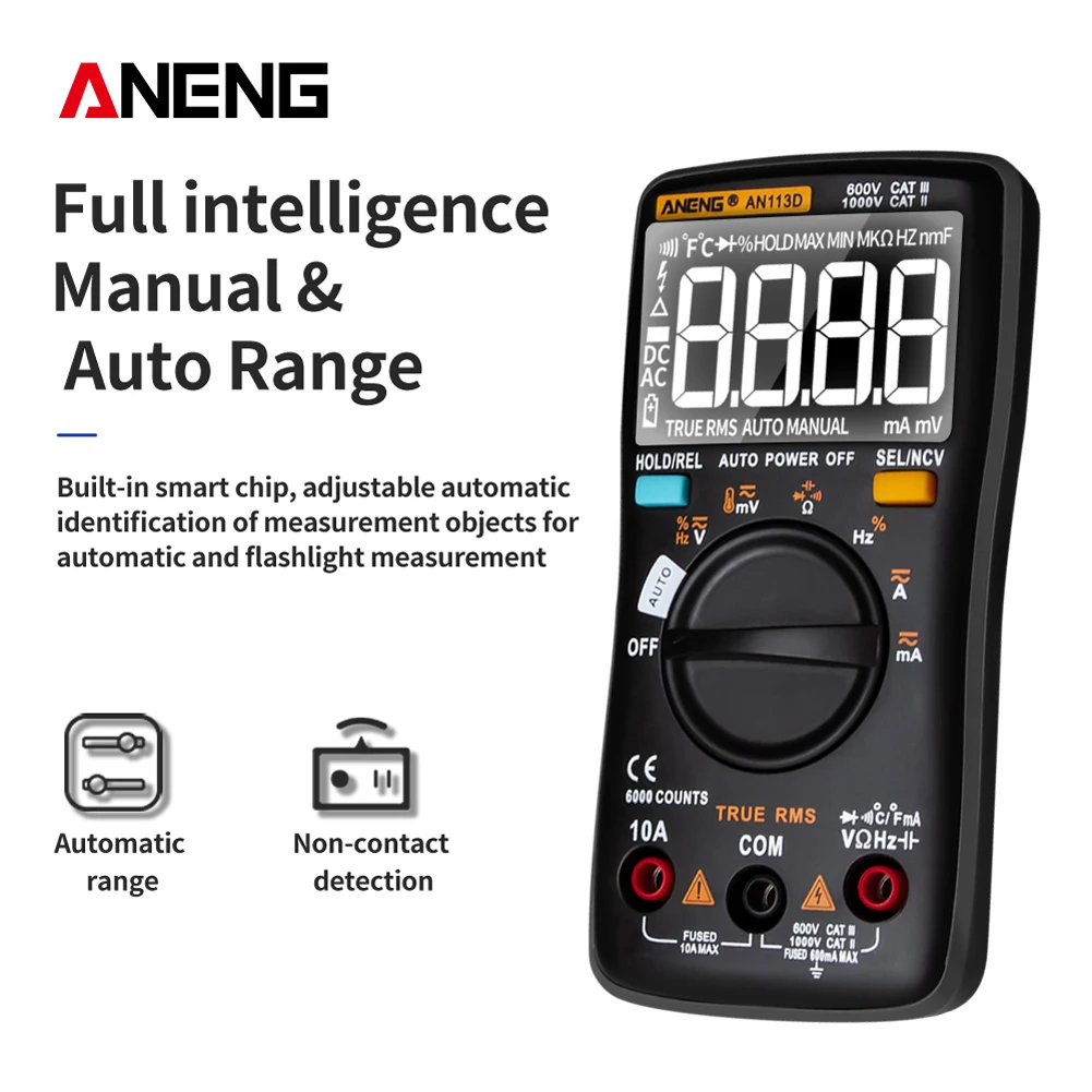 Multimeter AN113D Digital 6000 Counts Electrical Transistor Tester Temperature Auto Ranging AC/DC Voltage Meter for Electrician
Multimeter AN113D Digital 6000 Counts Electrical Transistor Tester Temperature Auto Ranging AC/DC Voltage Meter for Electrician
