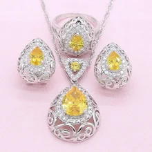 925 Zilveren Sieraden Sets Vrouwen Geel Blauw 2 Kleuren Crystal Ear Clip Oorbellen Ketting Ring Bridal Mode-sieraden Gratis Gift doos(China)