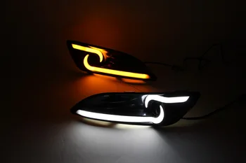 

2Pcs Car Flashing LED Daytime Running Light For Ford Fiesta 2013 2014 Fog lamp cover with Yellow Turning signal Lights