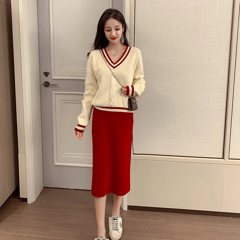 Knitting Suit Women's 2019 Autumn New Style Mixed Colors V-neck Long Sleeve Pullover with Skirt Elegant Two-Piece Set
Knitting Suit Women's 2019 Autumn New Style Mixed Colors V-neck Long Sleeve Pullover with Skirt Elegant Two-Piece Set