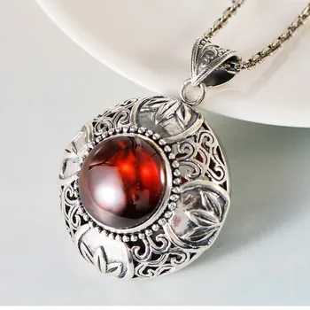 

New real s925 pure silver vintage palace style carved garnet Cutout woman pattern sweater chain wild ethnic pendant for woman