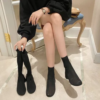 Spring Autumn Women Glitter Round High Heels Sock Boots Stretch Fabric Female Medium Heels Mid Calf Boots Bling Party Shoes
Spring Autumn Women Glitter Round High Heels Sock Boots Stretch Fabric Female Medium Heels Mid Calf Boots Bling Party Shoes