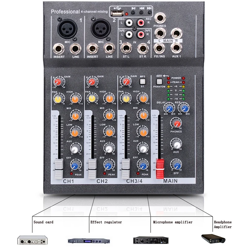 Mini Portable Audio Mixer with USB DJ Sound Mixing Console MP3 Jack 4 Channel Karaoke 48V Amplifier for Karaoke KTV Match Party 
Mini Portable Audio Mixer with USB DJ Sound Mixing Console MP3 Jack 4 Channel Karaoke 48V Amplifier for Karaoke KTV Match Party