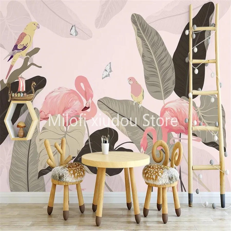 

Milofi custom 3D wallpaper mural hand-painted Nordic Southeast Asia fresh flamingo living room background wall decoration painti