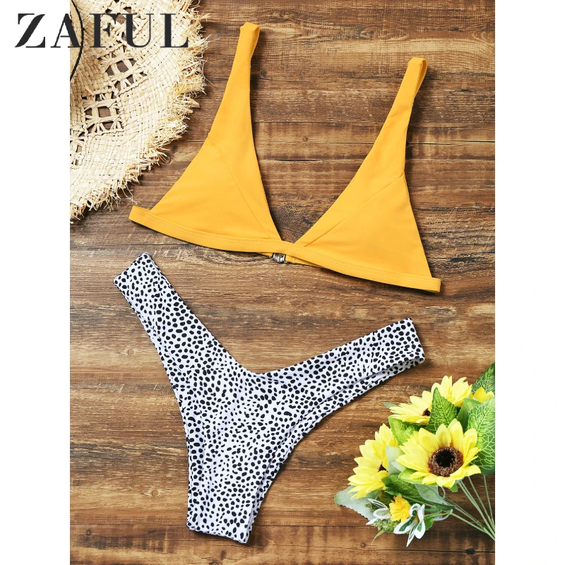 

ZAFUL BIkini Sexy High Cut Leopard Thong Bikini Set Women's Swimsuit Straps Swimwear Padded Brazilian Biquni V-Neck SwimmingSuit