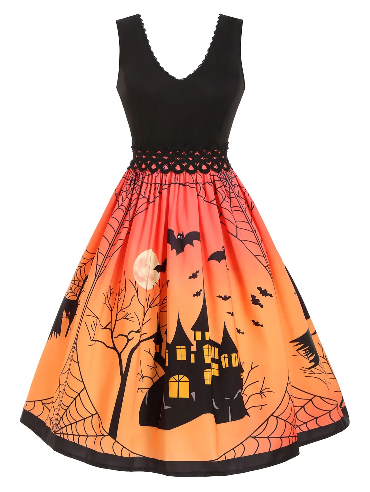 

Rosegal Plus Size Women Vintage Dress Sleeveless Tank Spider Web Halloween Pumpkin Print Dress Women Elegant Casual 1950s Dress