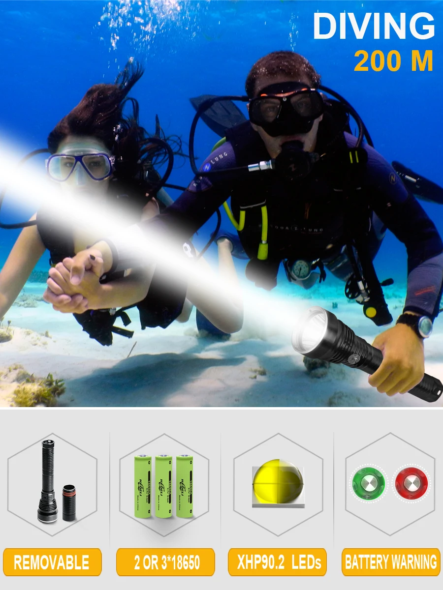

200m profession xhp90.2 led diving flashlight XHP70 led dive torch IXP8 flashlights for dive 26650 18650 deep sea lantern torch