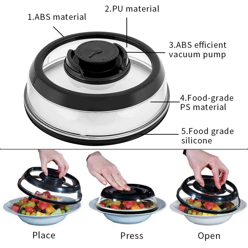 1pcs Airtight Vacuum fresh cover Food Sealer Mintiml Cover Kitchen Instant Vacuum Food Sealer Cover Black for Bowls, Plates2