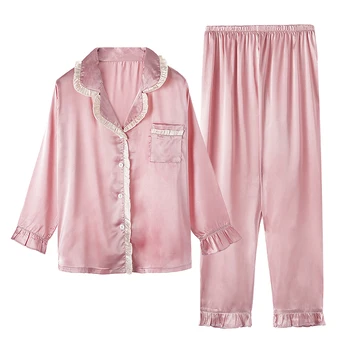 Missyou Women Silk Pajamas Set Ruffle Lapel Pijamas Autumn Cute Long Sleeve Sleepwear Mujer Tops+Pants 2 PCS Pyjamas Homewear 
Missyou Women Silk Pajamas Set Ruffle Lapel Pijamas Autumn Cute Long Sleeve Sleepwear Mujer Tops+Pants 2 PCS Pyjamas Homewear
