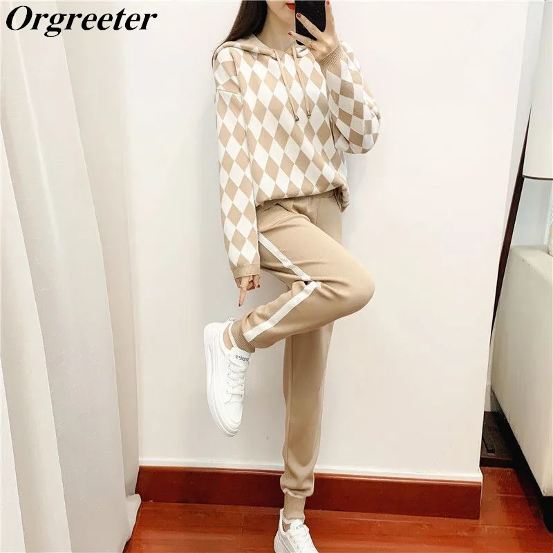 FREE SHIPPING Knitted Carrot Pant And Loose Puulover Hooded JKP5861