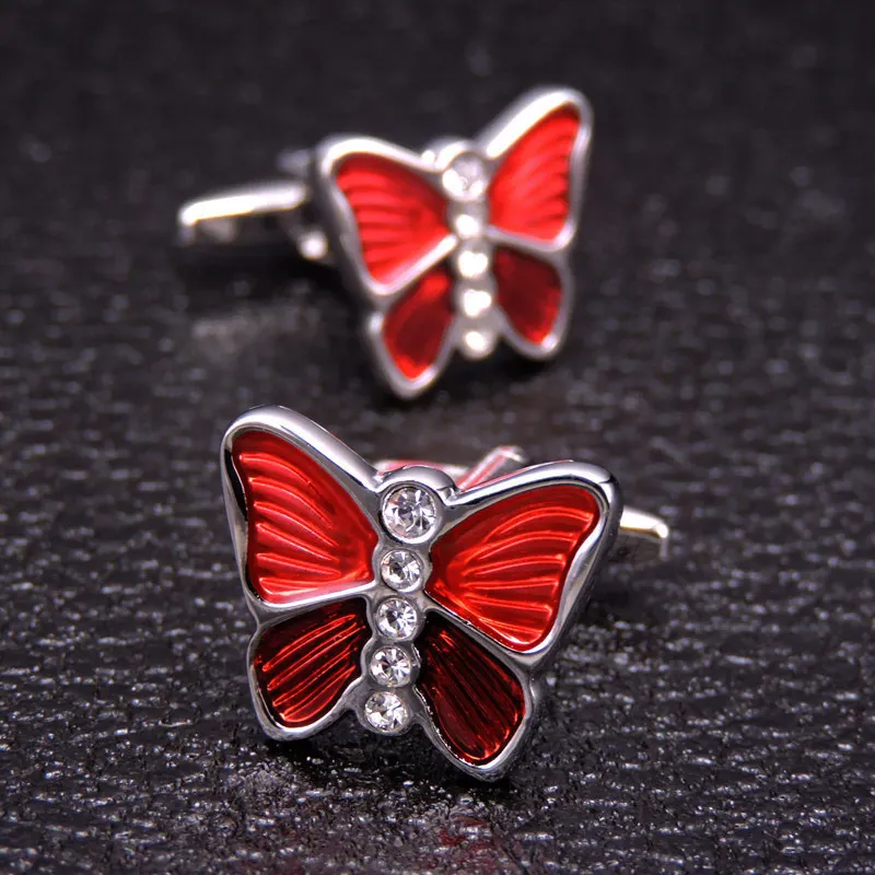 

Red Crystal Butterfly Cufflinks new high quality fashion jewelry brand shirt Cufflinks men's Wedding Shirt badge pin gift