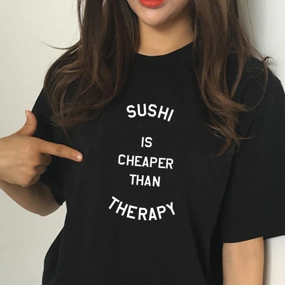 Фото Женская модная футболка с буквенным принтом SUSHI женские летние топы графическая