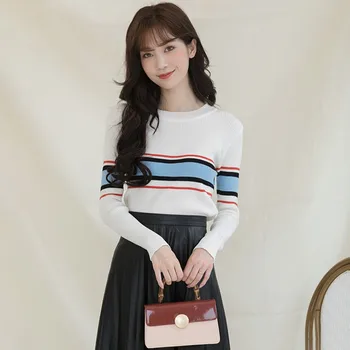 Sweater Women New Fashion High Quality Autumn Winter thin sleeved O-neck Striped Knitted Sweaters 
Sweater Women New Fashion High Quality Autumn Winter thin sleeved O-neck Striped Knitted Sweaters