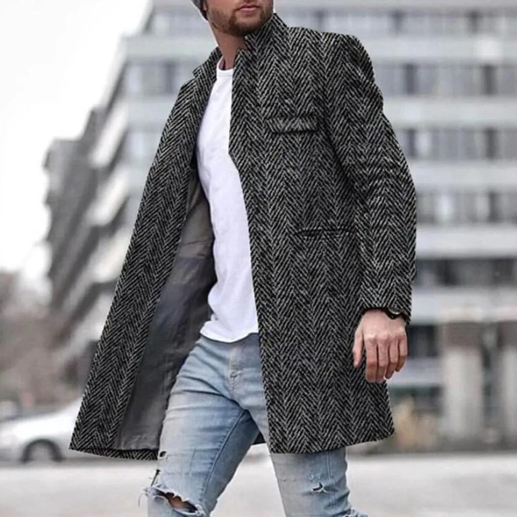 Winter Fashion Men's Solid Color Slim Long Single-breasted Woolen Trench Coat 
Winter Fashion Men's Solid Color Slim Long Single-breasted Woolen Trench Coat