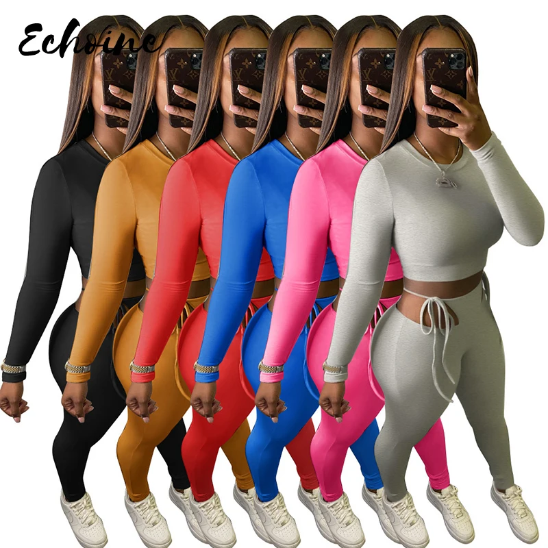Solid O Neck Full Sleeve Short Tops Drawstring Ankle-Length Pants Exposed Navel Hollow Out Slim Fit Sexy 2 Piece Suits Tracksuit
Solid O Neck Full Sleeve Short Tops Drawstring Ankle-Length Pants Exposed Navel Hollow Out Slim Fit Sexy 2 Piece Suits Tracksuit