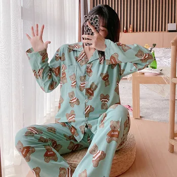 Long Sleeve Sleepwear Loose Female Mujer V-neck Pyjamas Cute Bear Printed Pajamas For Women Autumn And Spring
Long Sleeve Sleepwear Loose Female Mujer V-neck Pyjamas Cute Bear Printed Pajamas For Women Autumn And Spring
