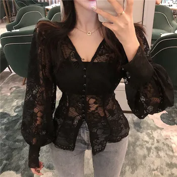 

V Neck Lace Shirt Turtleneck Flare Long Sleeve Embriodery Blouse Retro Tops Blusa Women Tops and Blouses SA714S30