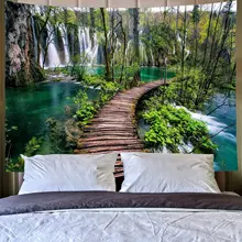 

Forest Tapestry Rainforest Waterfall River Wooden Bridge Tapestries Wall Hanging Decor Living Room Bedroom for Home Decoration