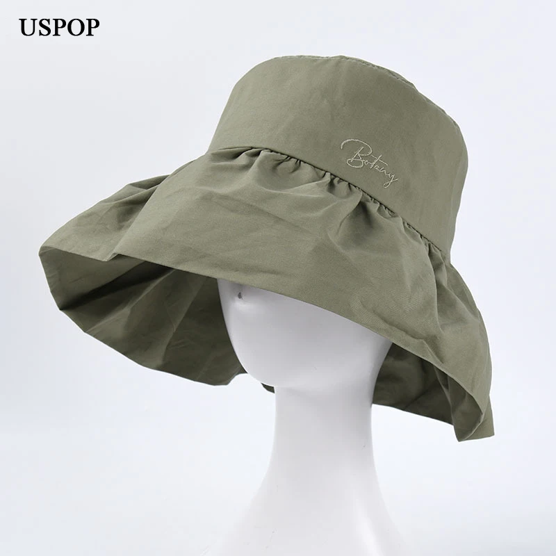 USPOP 2020 Wide brim bucekt hats folds Letter embroidery bucket hats simple solid color sun hats
USPOP 2020 Wide brim bucekt hats folds Letter embroidery bucket hats simple solid color sun hats