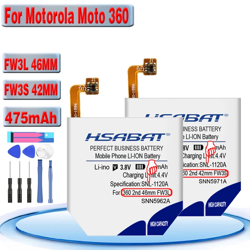 HSABAT FW3S FW3L 475mAh Battery for Motorola Moto 360 2nd Gen 2015 42mm FW3S Smart Watch 360S / FW3L 2nd Gen 46mm Batteries
HSABAT FW3S FW3L 475mAh Battery for Motorola Moto 360 2nd Gen 2015 42mm FW3S Smart Watch 360S / FW3L 2nd Gen 46mm Batteries