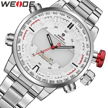 WEIDE Men Watch Sports Multiple Functions Business Auto Date Week Analog LED Display Alarm Men Watch Steel Strap Wrist Watch Men