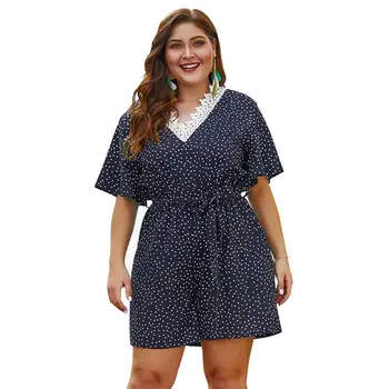 

Summer fashion women polka dot V-neck lace short jumpsuit flared sleeve halter large size 1XL-4XL temperament commuter clothing