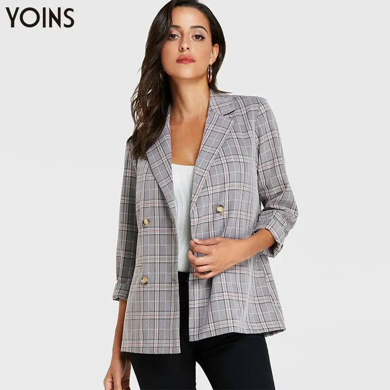 

YOINS 2019 Autumn Winter Blazer Women Jackets Coats Grid Double-breasted Lapel Long Sleeves Feminino Grey Casual Work Streetwear