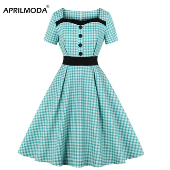 Retro Vintage Plaid Women Dress Summer Style Junior Party Classic Short Sleeve V Neck Button Decorative 50s Swing Midi Dresses 
Retro Vintage Plaid Women Dress Summer Style Junior Party Classic Short Sleeve V Neck Button Decorative 50s Swing Midi Dresses