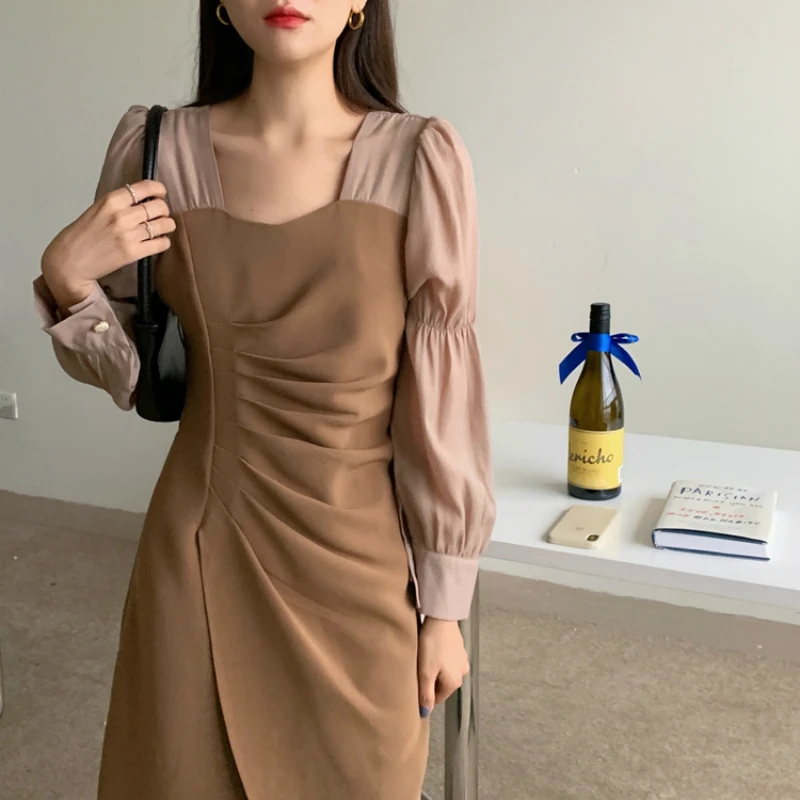 

2021 Women Spring Vintage Luxury Patchwork Square Collar Long Dress Folds Puff Sleeve Bandage Midi Dresses