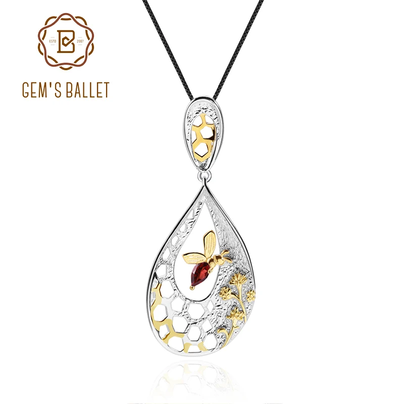 

GEM'S BALLET 925 Sterling Silver Gemstone Pendant 0.28Ct Natural Garnet Handmade Bee's Honey Collection Fine Jewelry for Women