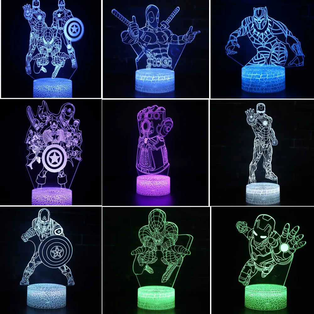 Фото 3D ночные светильники Disney Marvel Железный человек Человек-паук Мстители финал Супер