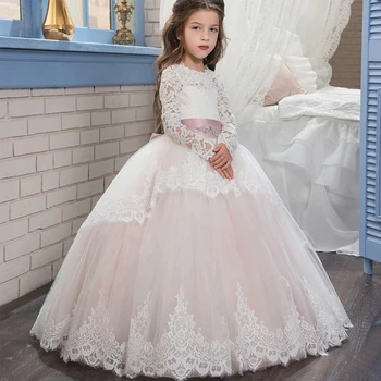 

Pageant Dresses for Girls Glitz Long Sleeves Lace Up Ball Gown Appliques Bow Sashes Birthday First Flower Girl Dresses Hot
