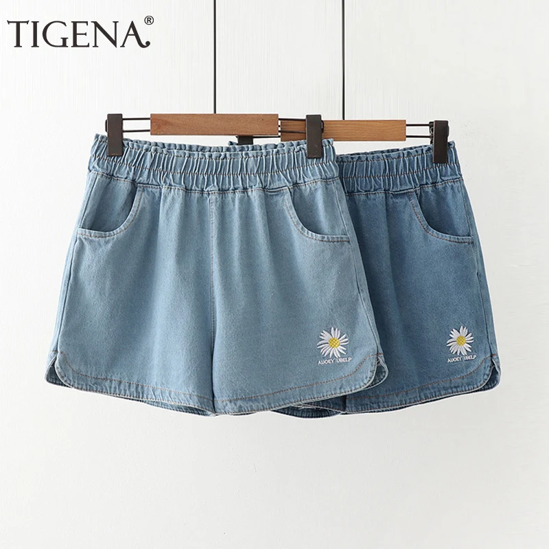 Женские джинсовые шорты с цветочной вышивкой TIGENA корейские высокой талией и