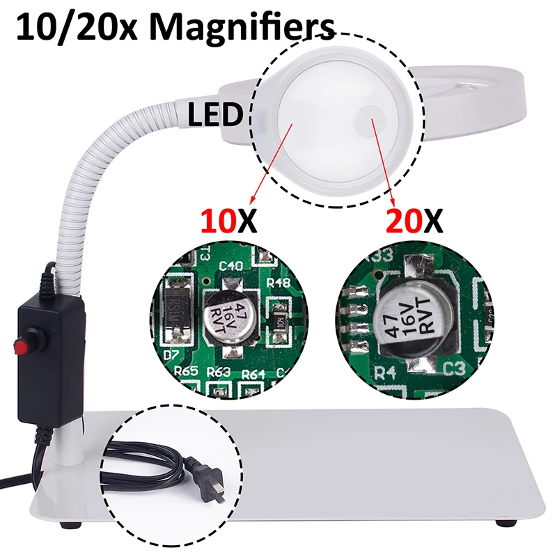 Illuminated magnifier 10/20X magnifying glass with led light support table magnifier lamp magnifier for beauty salon for reading
Illuminated magnifier 10/20X magnifying glass with led light support table magnifier lamp magnifier for beauty salon for reading