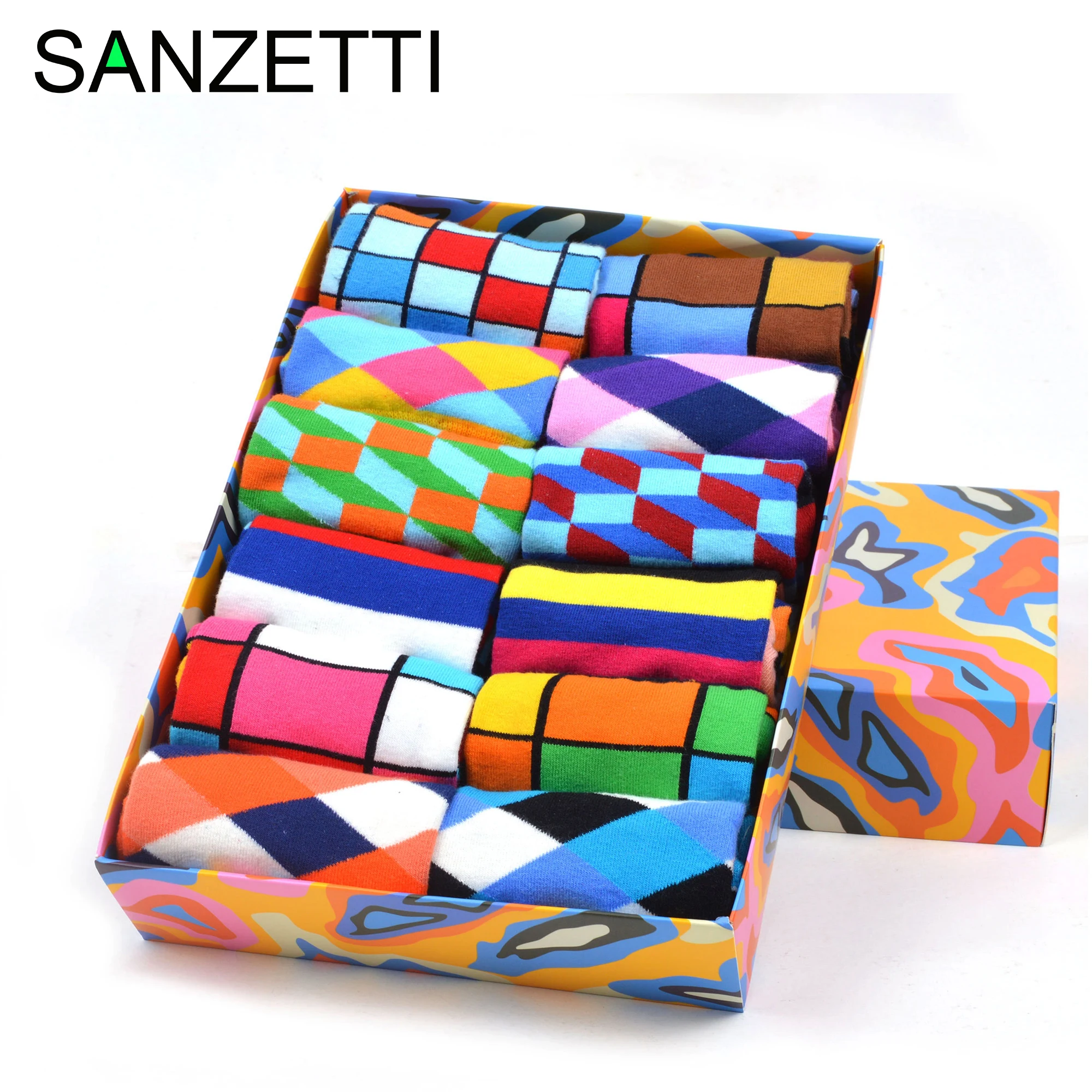 

SANZETTI 12 Pairs/Lot 2020 Hot Sale Colorful Men's casual combed Cotton Dress Socks High Quality Funny Happy Wedding Gift Box