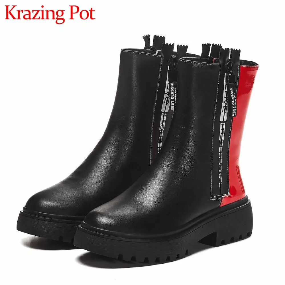 Krazing Pot new leisure mixed colors thick bottom cow leather round toe high heels winter keep warm Zipper mid-calf boots L95
Krazing Pot new leisure mixed colors thick bottom cow leather round toe high heels winter keep warm Zipper mid-calf boots L95