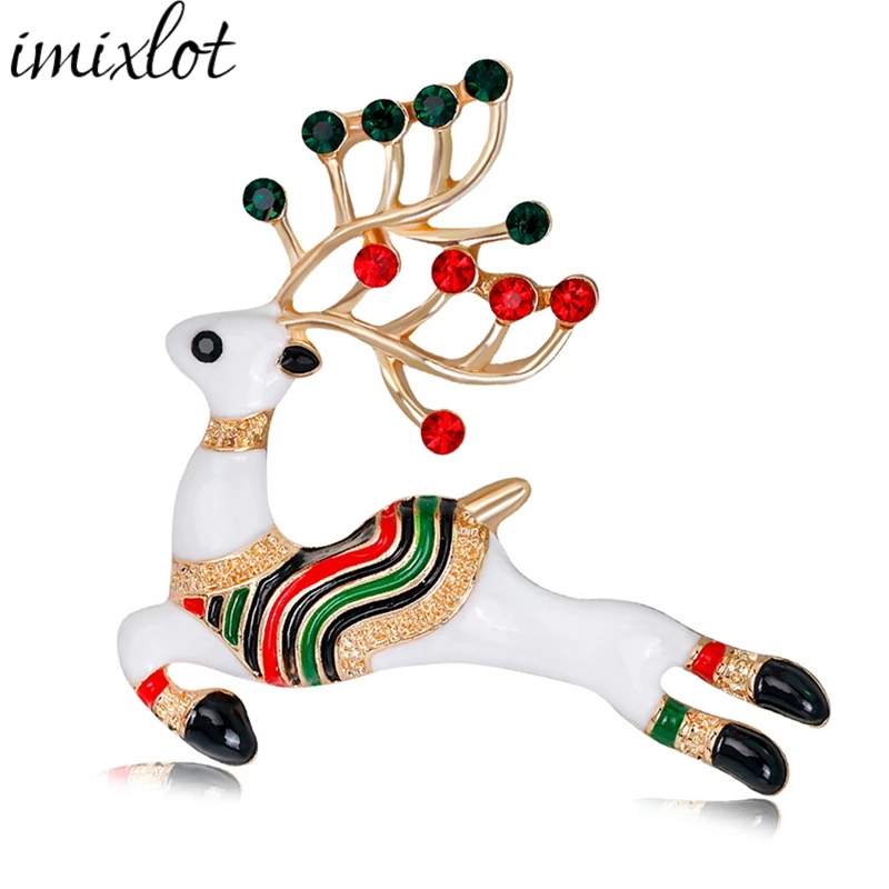 Imixlot Newest Cute Running Deer Brooches for Women Xmas Gifts New Year Fashion Enamel Reindeer Elk Rhinestones Lapel Pins | Украшения и