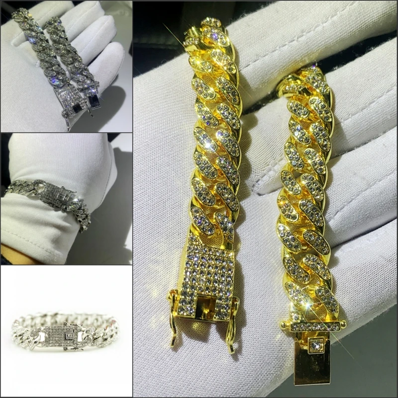 12 мм Мужской массивный Iced Out Кристалл Майами кубинское звено Браслет Bling хип-хоп