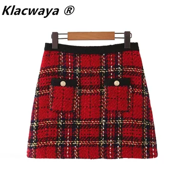 Saia de lã SMTHMA: Um toque vintage para seu guarda-roupa 6 Red Vintage Women Tweed 2020 Winter Fashion Ladies Plaid Female Patchwork Girls High Waist Mini Skirts Chic