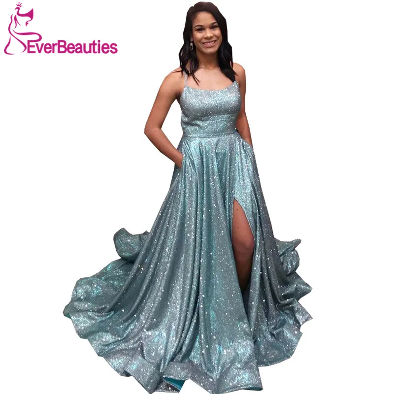 Robe De Soiree Evening Dress Long With Pockets Sequins Side Split 2020 Spaghetti Straps Dress Women Vestidos Elegantes 
Robe De Soiree Evening Dress Long With Pockets Sequins Side Split 2020 Spaghetti Straps Dress Women Vestidos Elegantes